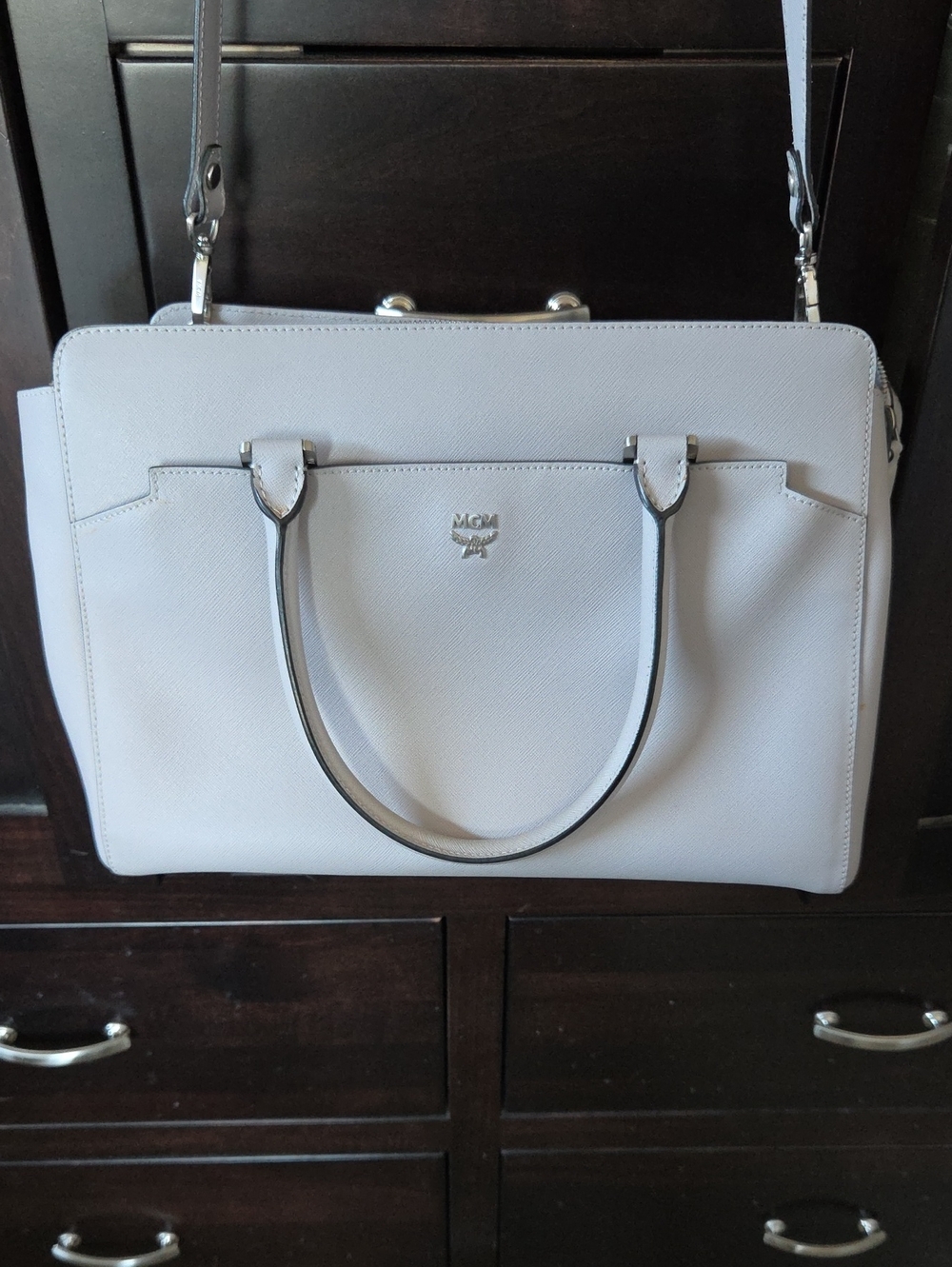 MCM Elda Medium Saffiano Leather Two-Way Tote Bag - Light Gray